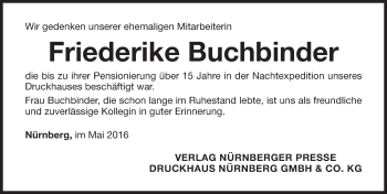 Traueranzeige von Friederike Buchbinder von Gesamtausgabe Nürnberger Nachrichten/ Nürnberger Ztg.