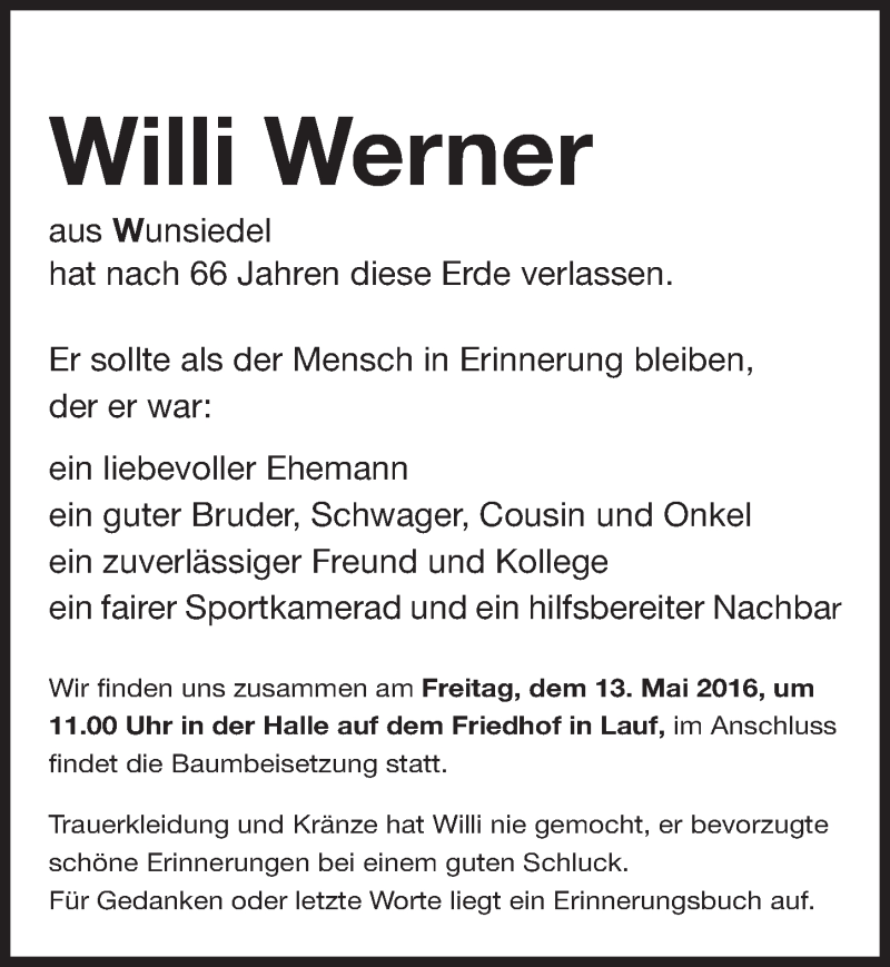  Traueranzeige für Willi Werner vom 07.05.2016 aus Gesamtausgabe Nürnberger Nachrichten/ Nürnberger Ztg.