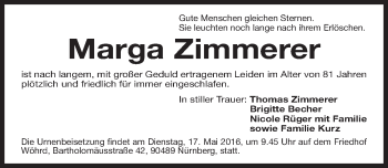 Traueranzeige von Marga Zimmerer von Gesamtausgabe Nürnberger Nachrichten/ Nürnberger Ztg.
