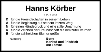 Traueranzeige von Hanns Körber von Gesamtausgabe Nürnberger Nachrichten/ Nürnberger Ztg.