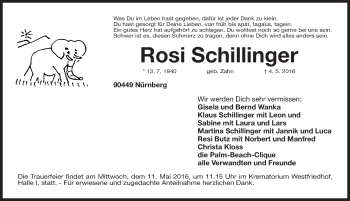 Traueranzeige von Rosi Schillinger von Gesamtausgabe Nürnberger Nachrichten/ Nürnberger Ztg.