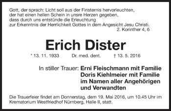 Traueranzeige von Erich Dister von Gesamtausgabe Nürnberger Nachrichten/ Nürnberger Ztg.