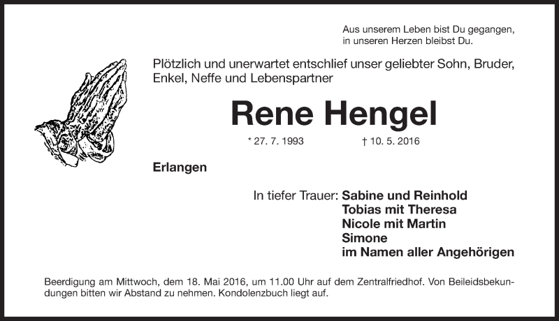  Traueranzeige für Rene Hengel vom 13.05.2016 aus Erlanger Nachrichten Lokal