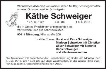 Traueranzeige von Käthe Schweiger von Gesamtausgabe Nürnberger Nachrichten/ Nürnberger Ztg.