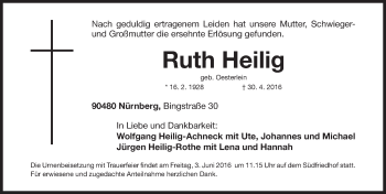 Traueranzeige von Ruth Heilig von Gesamtausgabe Nürnberger Nachrichten/ Nürnberger Ztg.