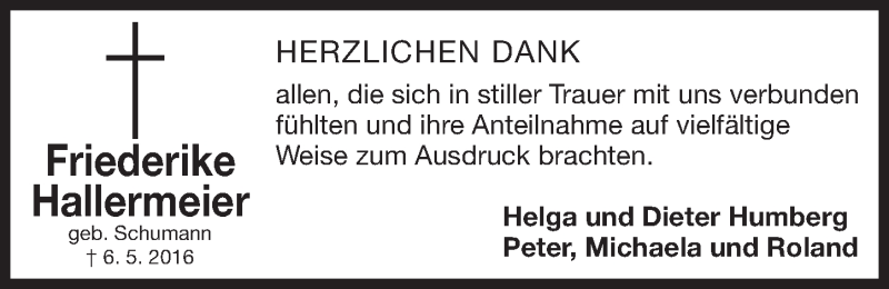  Traueranzeige für Friederike Hallermeier vom 18.05.2016 aus Gesamtausgabe Nürnberger Nachrichten/ Nürnberger Ztg.