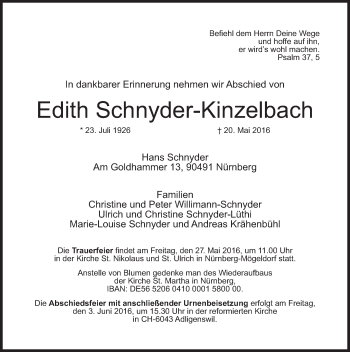 Traueranzeige von Edith Schnyder-Kinzelbach von Gesamtausgabe Nürnberger Nachrichten/ Nürnberger Ztg.