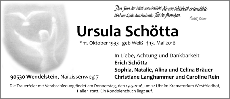  Traueranzeige für Ursula Schötta vom 17.05.2016 aus Gesamtausgabe Nürnberger Nachrichten/ Nürnberger Ztg.