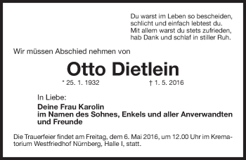 Traueranzeige von Otto Dietlein von Gesamtausgabe Nürnberger Nachrichten/ Nürnberger Ztg.