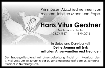 Traueranzeige von Hans Vitus Gerstner  von Schwabach
