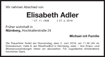 Traueranzeige von Elisabeth Adler von Gesamtausgabe Nürnberger Nachrichten/ Nürnberger Ztg.