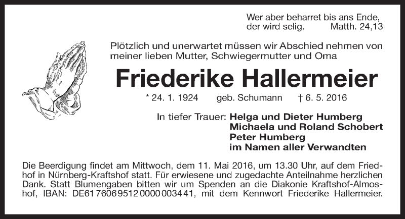  Traueranzeige für Friederike Hallermeier vom 09.05.2016 aus Gesamtausgabe Nürnberger Nachrichten/ Nürnberger Ztg.