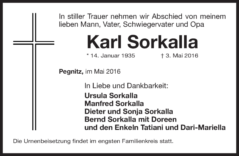  Traueranzeige für Karl Sorkalla vom 10.05.2016 aus Nordbayerische Nachrichten Pegnitz Lokal
