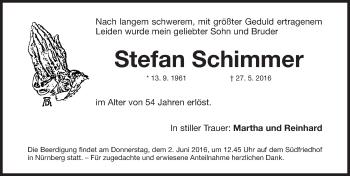 Traueranzeige von Stefan Schimmer von Gesamtausgabe Nürnberger Nachrichten/ Nürnberger Ztg.