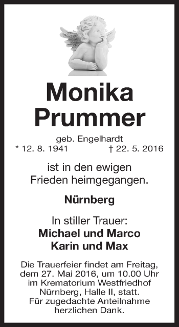 Traueranzeige von Monika Prummer von Gesamtausgabe Nürnberger Nachrichten/ Nürnberger Ztg.