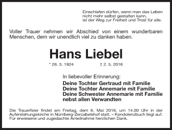 Traueranzeige von Hans Liebel von Gesamtausgabe Nürnberger Nachrichten/ Nürnberger Ztg.