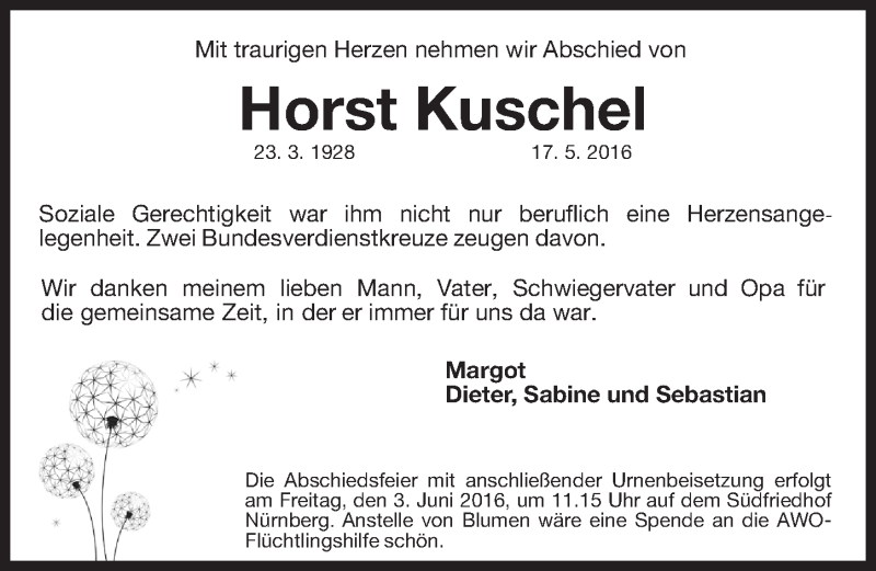  Traueranzeige für Horst Kuschel vom 28.05.2016 aus Gesamtausgabe Nürnberger Nachrichten/ Nürnberger Ztg.