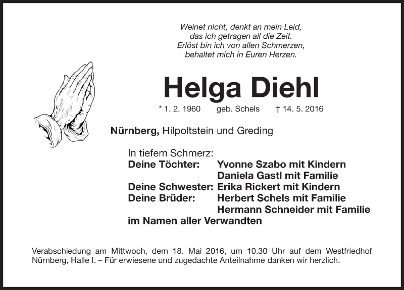  Traueranzeige für Helga Diehl vom 17.05.2016 aus Roth-Hilpoltsteiner Volkszeitung Lokal