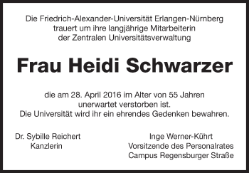 Traueranzeige von Heidi Schwarzer von Gesamtausgabe Nürnberger Nachrichten/ Nürnberger Ztg.