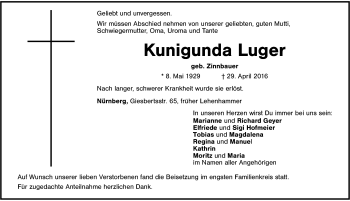 Traueranzeige von Kunigunda Luger von Gesamtausgabe Nürnberger Nachrichten/ Nürnberger Ztg.