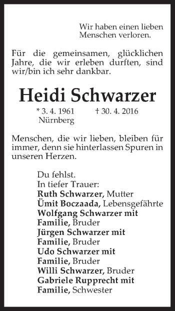 Traueranzeige von Heidi Schwarzer von Gesamtausgabe Nürnberger Nachrichten/ Nürnberger Ztg.