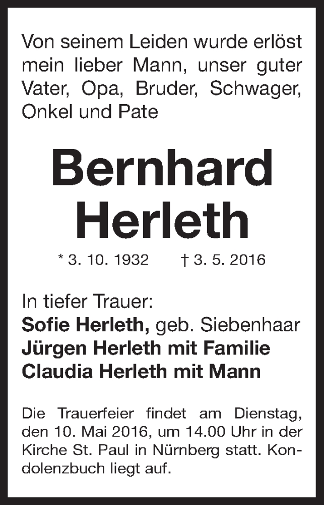  Traueranzeige für Bernhard Herleth vom 07.05.2016 aus Gesamtausgabe Nürnberger Nachrichten/ Nürnberger Ztg.