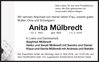 Traueranzeige von Anita Mülbredt von Gesamtausgabe Nürnberger Nachrichten/ Nürnberger Ztg.