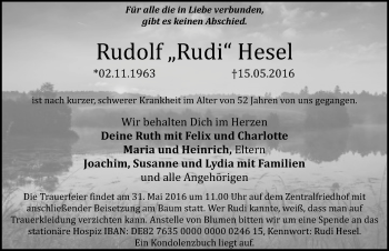 Traueranzeige von Rudolf Rudi Hesel von Erlanger Nachrichten Lokal