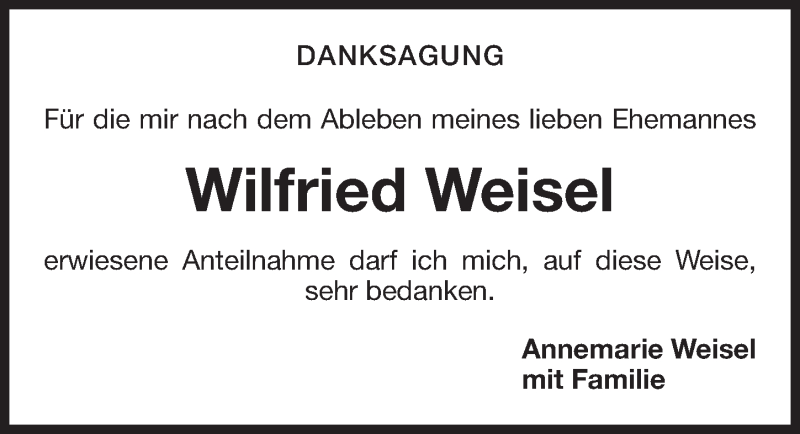  Traueranzeige für Wilfried Weisel vom 21.05.2016 aus Gesamtausgabe Nürnberger Nachrichten/ Nürnberger Ztg.