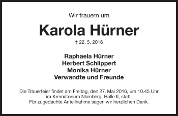 Traueranzeige von Karola Hürner von Gesamtausgabe Nürnberger Nachrichten/ Nürnberger Ztg.