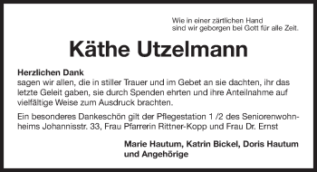 Traueranzeige von Käthe Utzelmann von Gesamtausgabe Nürnberger Nachrichten/ Nürnberger Ztg.