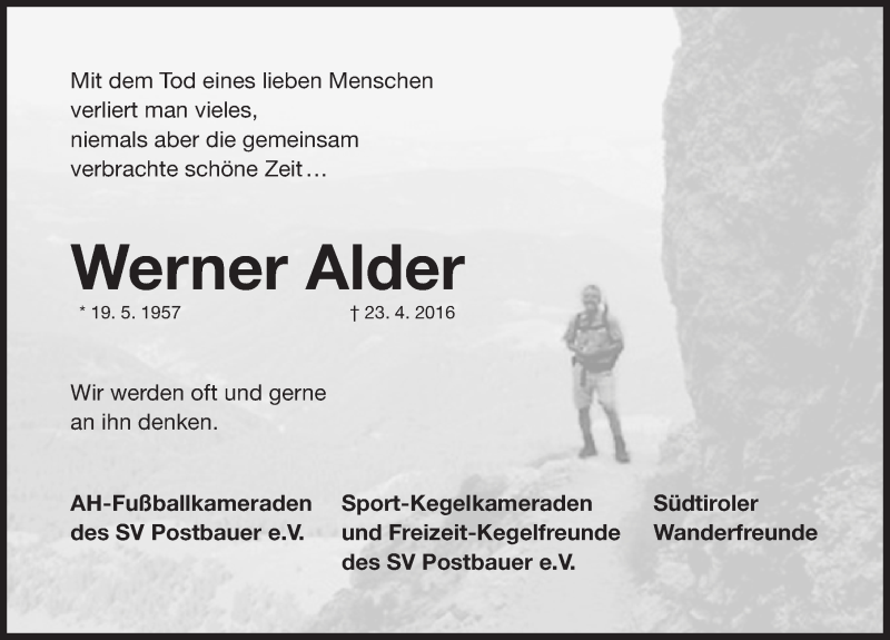  Traueranzeige für Werner Alder vom 07.05.2016 aus Neumarkter Nachrichten Lokal