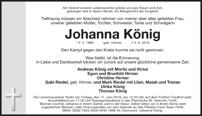  Traueranzeige für Johanna König vom 11.06.2016 aus Fürther Nachrichten Lokal