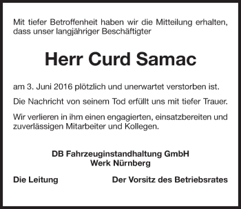 Traueranzeige von Curd Samac von Gesamtausgabe Nürnberger Nachrichten/ Nürnberger Ztg.