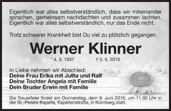 Traueranzeige von Werner Klinner von Gesamtausgabe Nürnberger Nachrichten/ Nürnberger Ztg.