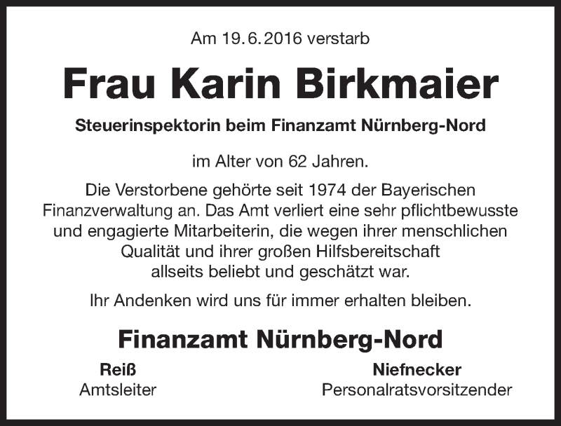  Traueranzeige für Karin Birkmaier vom 24.06.2016 aus Erlanger Nachrichten Lokal