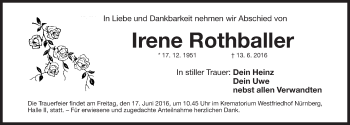 Traueranzeige von Irene Rothballer von Gesamtausgabe Nürnberger Nachrichten/ Nürnberger Ztg.