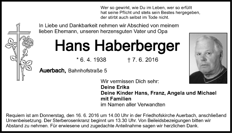  Traueranzeige für Hans Haberberger vom 11.06.2016 aus Nordbayerische Nachrichten Pegnitz Lokal