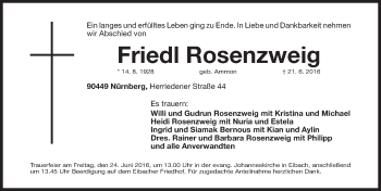 Traueranzeige von Friedl Rosenzweig von Gesamtausgabe Nürnberger Nachrichten/ Nürnberger Ztg.