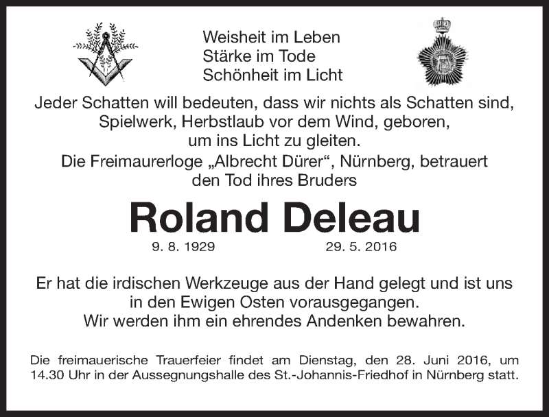  Traueranzeige für Roland Deleau vom 23.06.2016 aus Gesamtausgabe Nürnberger Nachrichten/ Nürnberger Ztg.