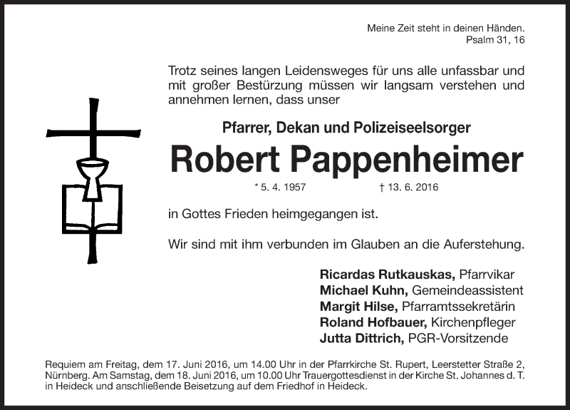  Traueranzeige für Robert Pappenheimer vom 15.06.2016 aus Gesamtausgabe Nürnberger Nachrichten/ Nürnberger Ztg.
