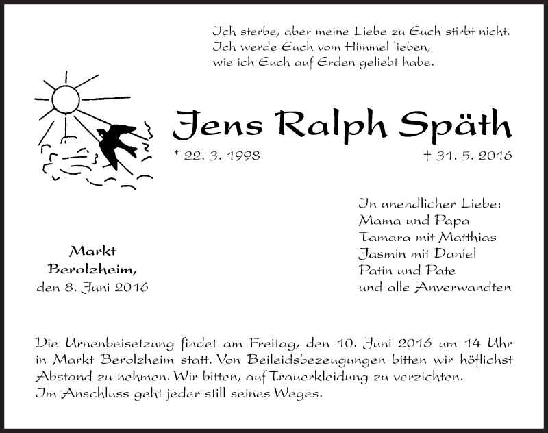  Traueranzeige für Jens Ralph Späth vom 08.06.2016 aus Altmühl-Bote Lokal