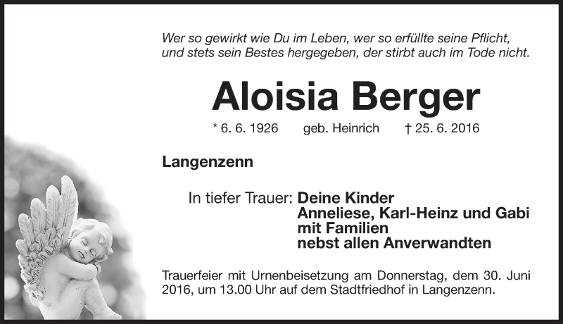  Traueranzeige für Aloisia Berger vom 28.06.2016 aus Fürther Nachrichten Lokal