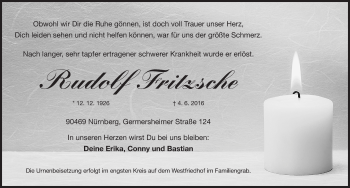 Traueranzeige von Rudolf Fritzsche von Gesamtausgabe Nürnberger Nachrichten/ Nürnberger Ztg.