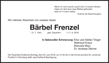 Traueranzeige von Bärbel Frenzel von Gesamtausgabe Nürnberger Nachrichten/ Nürnberger Ztg.
