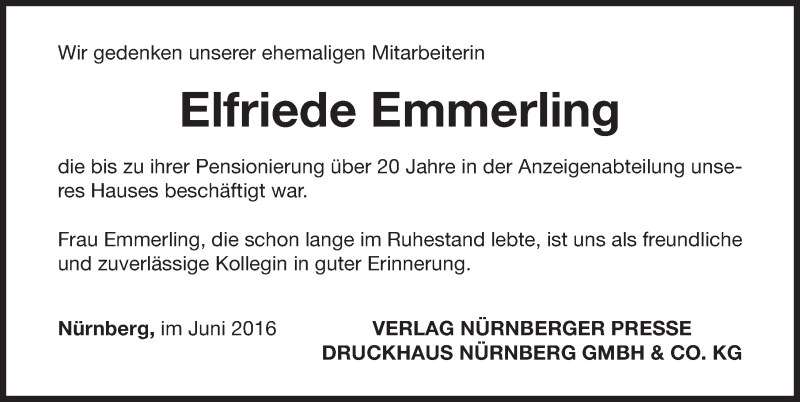  Traueranzeige für Elfriede Emmerling vom 25.06.2016 aus Gesamtausgabe Nürnberger Nachrichten/ Nürnberger Ztg.