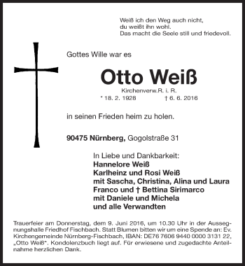 Traueranzeige von Otto Weiß von Gesamtausgabe Nürnberger Nachrichten/ Nürnberger Ztg.