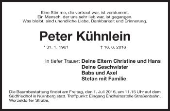Traueranzeige von Peter Kühnlein von Gesamtausgabe Nürnberger Nachrichten/ Nürnberger Ztg.