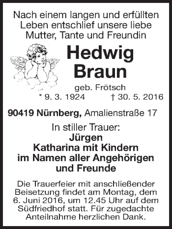 Traueranzeige von Hedwig Braun von Gesamtausgabe Nürnberger Nachrichten/ Nürnberger Ztg.