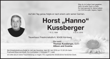 Traueranzeige von Horst Kussberger von Gesamtausgabe Nürnberger Nachrichten/ Nürnberger Ztg.
